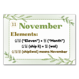 韓国語ハングル（フラッシュカード）の月数 テーブルナンバー