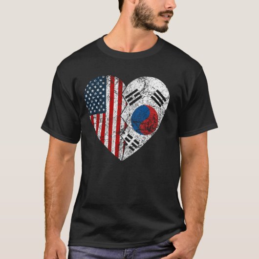 韓国韓国米国国旗のハート状統一された況 Tシャツ (正面)