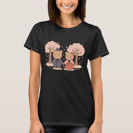 韓服のクマの桜Tシャツ Tシャツ (正面)