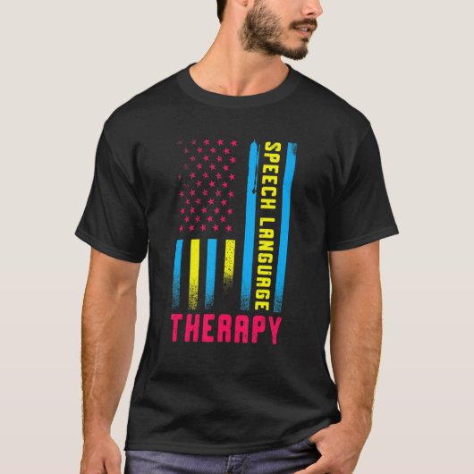 音声言語セラピーUSフラグSLPメッセージ Tシャツ (正面)
