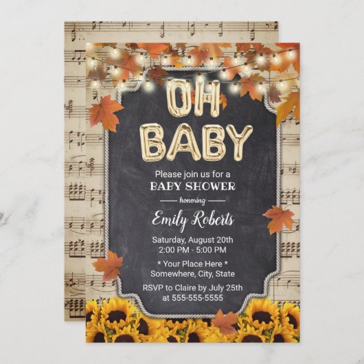 音楽ああ赤ちゃんシャワー素朴紅葉ひまわり 招待状 (正面/裏面)
