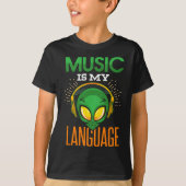 音楽おもしろいは私の言語のエイリアンヘッドフォン音楽Musici Tシャツ (正面)