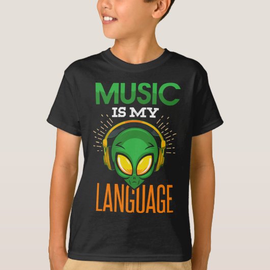 音楽おもしろいは私の言語のエイリアンヘッドフォン音楽Musici Tシャツ (正面)