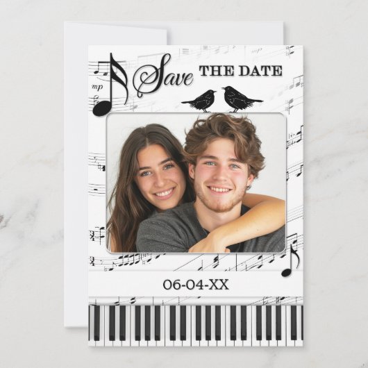 音楽おもしろい黒白の写真日付を保存 案内状 (正面)