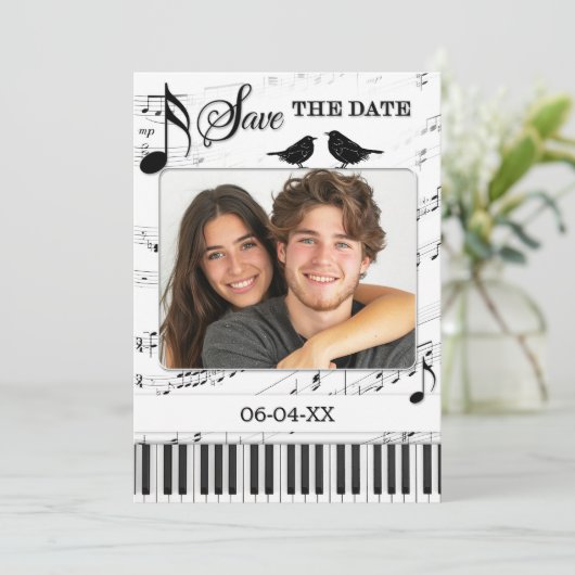 音楽おもしろい黒白の写真日付を保存 案内状 (スタンド正面)