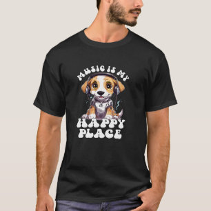 音楽が私の幸せな場所 キュートなヘッドホンをつけた犬 音楽好き Tシャツ