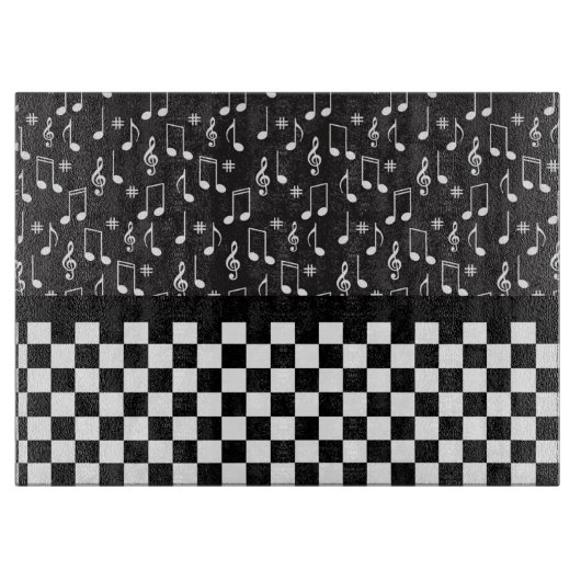 音楽とチェッカーボード白黒 カッティングボード (正面)