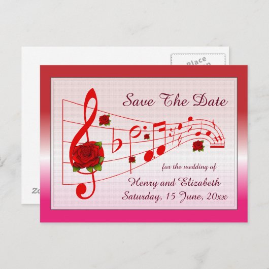 音楽とバラが日付カードを保存 案内ポストカード (正面/裏面)