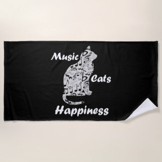 音楽と猫が幸せ引用文 ビーチタオル