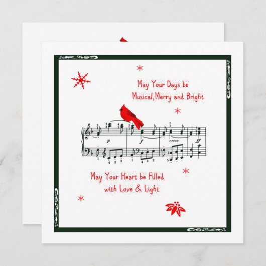 音楽と赤（鳥）ショウジョウコウカンチョウバードクリスマスカード シーズンカード (正面/裏面)