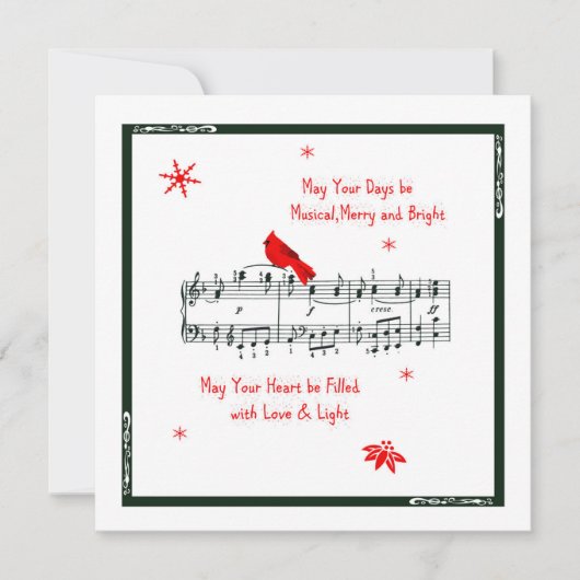 音楽と赤(鳥)ショウジョウコウカンチョウバードクリスマスカード シーズンカード (正面)