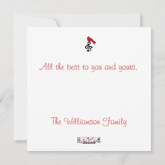 音楽と赤（鳥）ショウジョウコウカンチョウバードクリスマスカード シーズンカード (裏面)