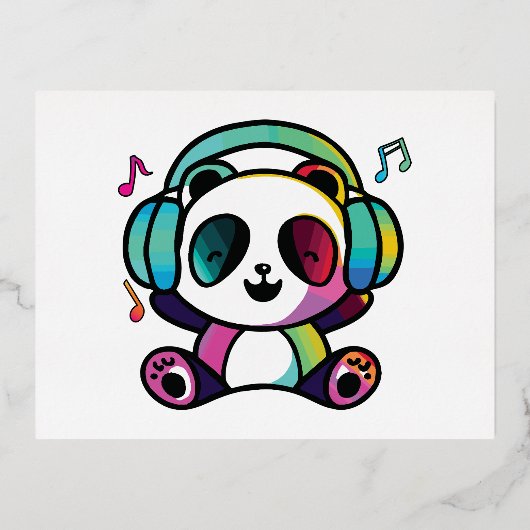 音楽にヘッドフォン聞でハッピーパンダ。 箔シーズンポストカード (正面)