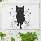 音楽のささやきに包まれた黒猫 キッチンタオル (折り畳み)