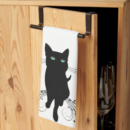 音楽のささやきに包まれた黒猫 キッチンタオル (三つ折り)