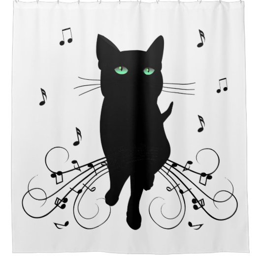 音楽のささやきに包まれた黒猫 シャワーカーテン (正面)