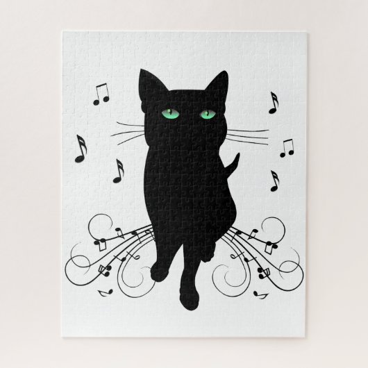 音楽のささやきに包まれた黒猫 ジグソーパズル (縦)
