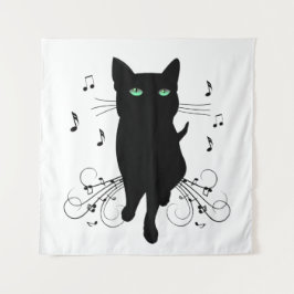 音楽のささやきに包まれた黒猫 タペストリー