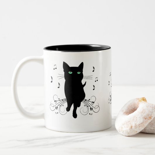 音楽のささやきに包まれた黒猫 ツートーンマグカップ (ドーナツ)