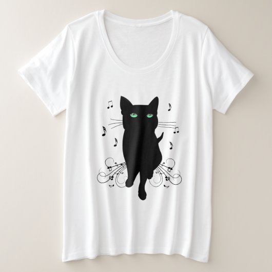 音楽のささやきに包まれた黒猫 プラスサイズTシャツ (デザイン正面)