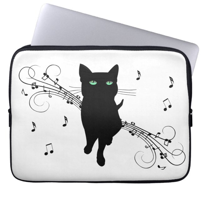 音楽のささやきに包まれた黒猫 ラップトップスリーブ (正面)