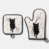 音楽のささやきに包まれた黒猫 鍋つかみ&鍋敷きセット (正面)