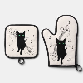 音楽のささやきに包まれた黒猫 鍋つかみ&鍋敷きセット
