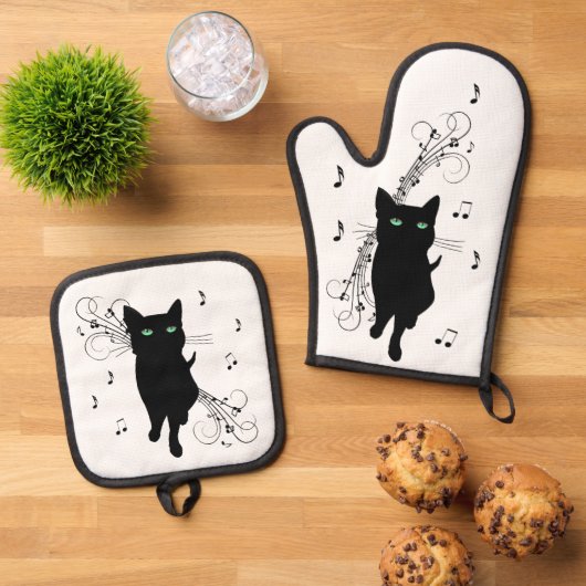 音楽のささやきに包まれた黒猫 鍋つかみ&鍋敷きセット (トップダウン)