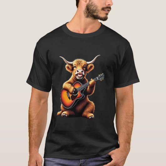 音楽のための面白いハイランドコウがギターを演奏するデザイン Tシャツ (正面)