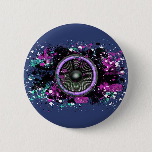 音楽のスピーカーと飛び散った絵を描 缶バッジ (正面)