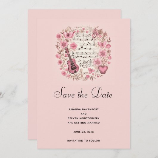 音楽のノートと花エレガント日付を保存 セーブザデート (正面/裏面)