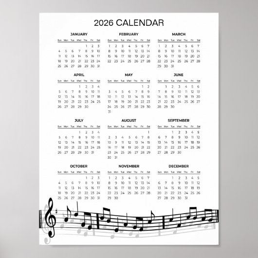 音楽のメモがついたシンプルな2026カレンダー |  ポスター (正面)