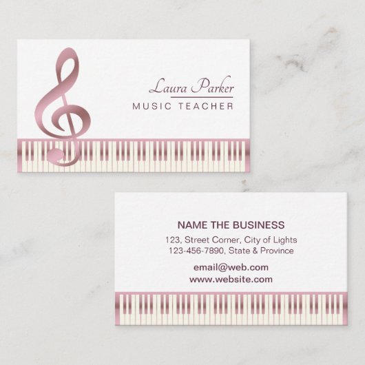 音楽の先生のピアノキーボードのばら色の金ゴールド 名刺 (正面/裏面)