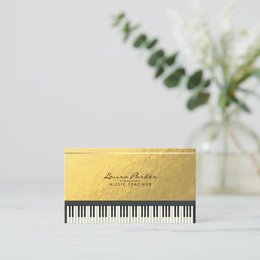 音楽の先生のピアノキーボードのミュージシャンの金ゴールドホイル 名刺 (スタンド正面)