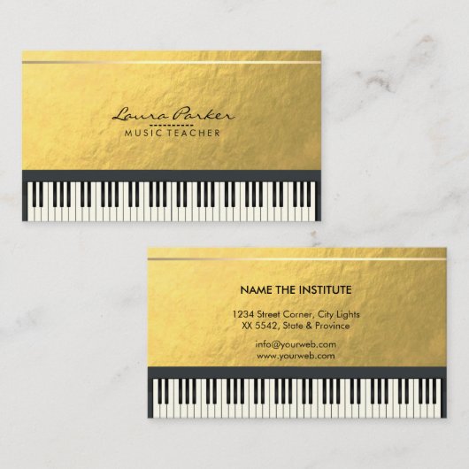 音楽の先生のピアノキーボードのミュージシャンの金ゴールドホイル 名刺 (正面/裏面)