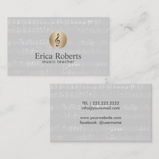 音楽の先生の金ゴールドのクレフ、音符記号のロゴのエレガントなミュージカル 名刺 (正面/裏面)