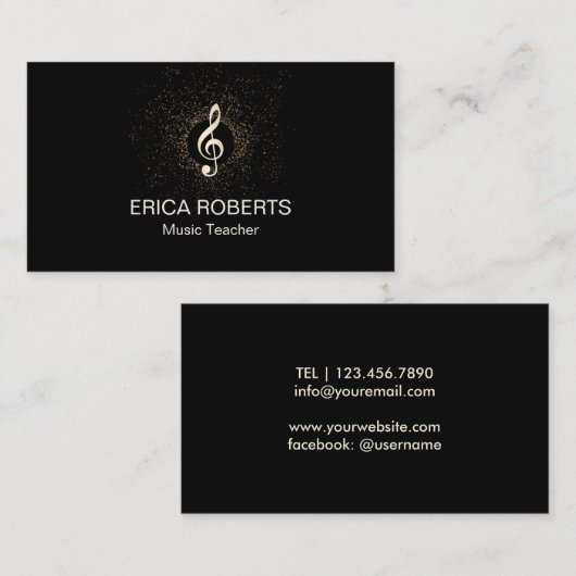 音楽の先生の音楽的なモダンな金ゴールドのクレフ、音符記号の紙吹雪 名刺 (正面/裏面)