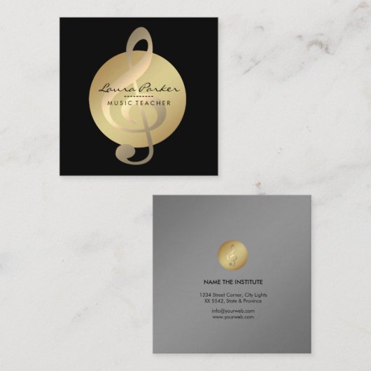 音楽の先生の音符の金ゴールドのミュージシャン スクエア名刺 (正面/裏面)