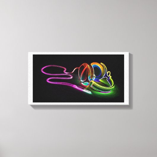 音楽の明るいネオンヘッドフォン キャンバスプリント (正面)