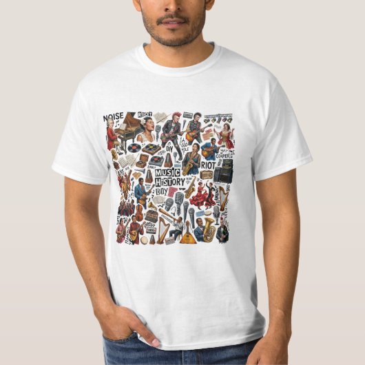 音楽の歴史とジャンルのコラージュアート - レトロ、パンク、 Tシャツ (正面)