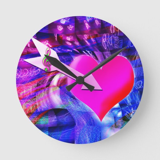 音楽の矢印が対象のハート ラウンド壁時計 (正面)