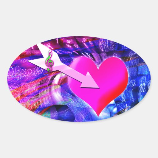 音楽の矢印が対象のハート 楕円形シール (正面)