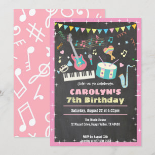音楽の誕生日の招待ピンクのシャルボードガール 招待状