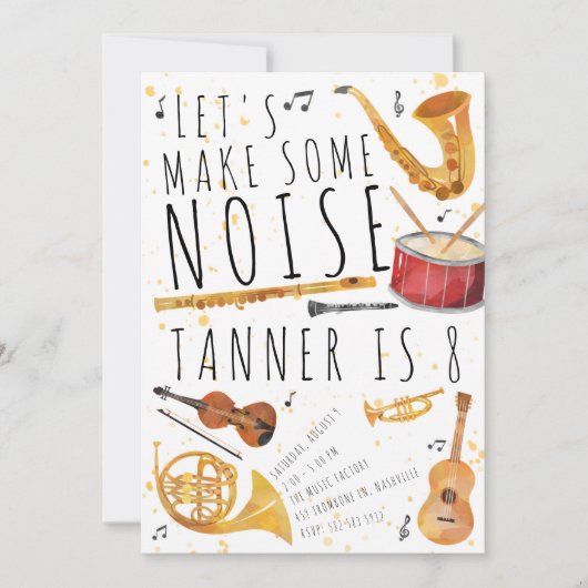音楽の誕生日パーティーへの招待 – ノイズを作る 招待状 (正面)