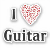 音楽の赤いハートのギターノートビニールステッカー「音楽が好き」 シール (正面)