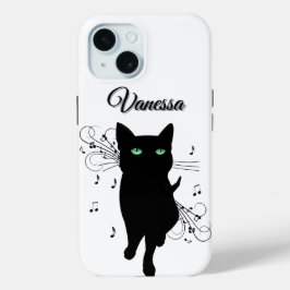 音楽の音符に囲まれた黒猫 パーソナル iPhone 15ケース
