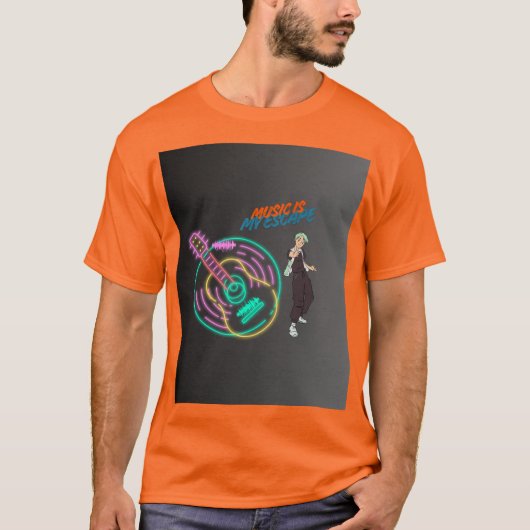 音楽は私の逃避行 – ネオンギターとアニメ少年 Tシャツ (正面)