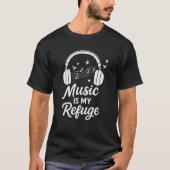 音楽は私の隠れ家だ | ヘッドフォンとノートのモチベーション Tシャツ (正面)