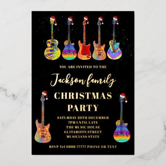 音楽をテーマにしたギタークリスマスパーティーブラックと金ゴールド 箔シーズンカード (正面)