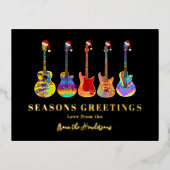 音楽をテーマにしたクリスマスギターブラックと金ゴールド 箔シーズンポストカード (正面)